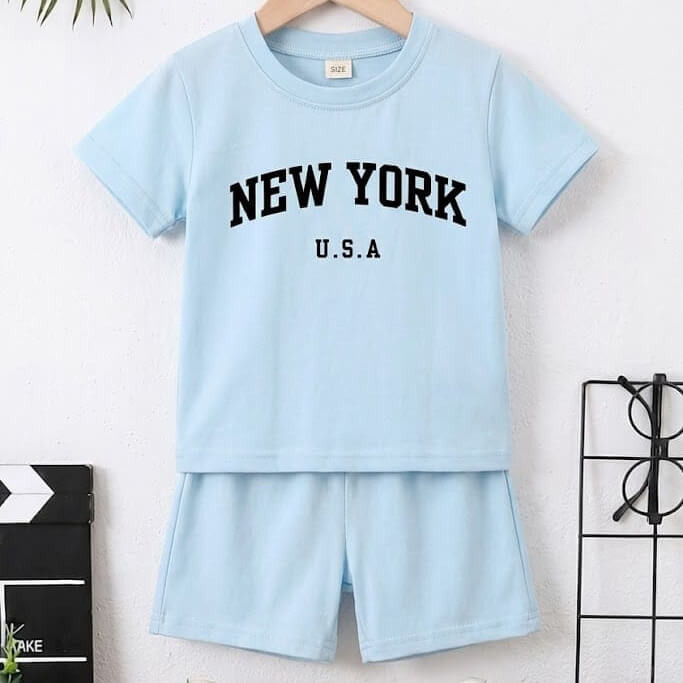 Boy Sky Blue New York U.S.A T Shirt and Shorts Outfit Set