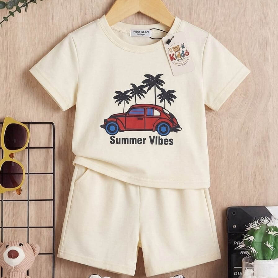 Boy Cream Summer Vibes Car Print T Shirt and Shorts Outfit Set