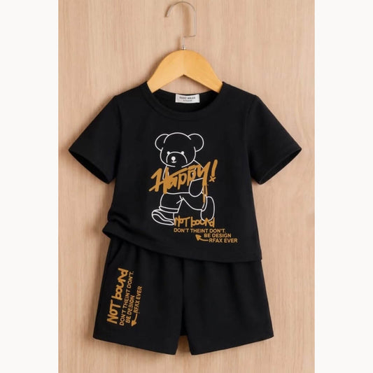 Boy Black Bear Print T Shirt and Shorts Outfit Set
