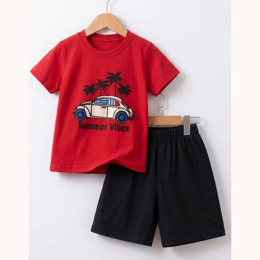 Boy Summer Car Print T Shirt and Black Shorts Set