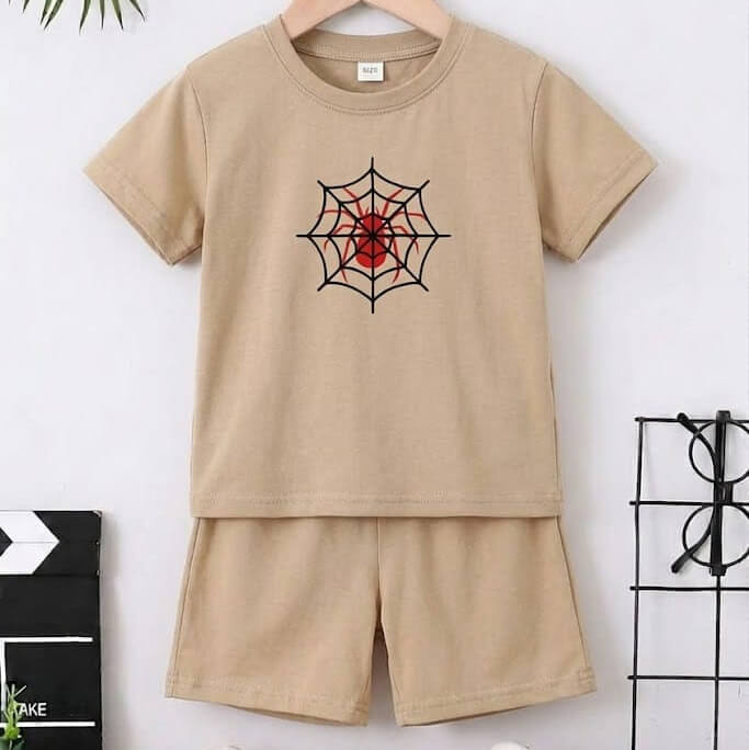 Boy Beige Spider Web Print T Shirt and Shorts Outfit Set