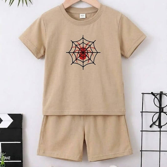 Boy Beige Spider Web Print T Shirt and Shorts Outfit Set