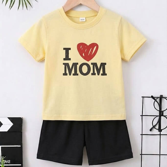 Boy Yellow I Love Mom T Shirt and Black Shorts Outfit Set