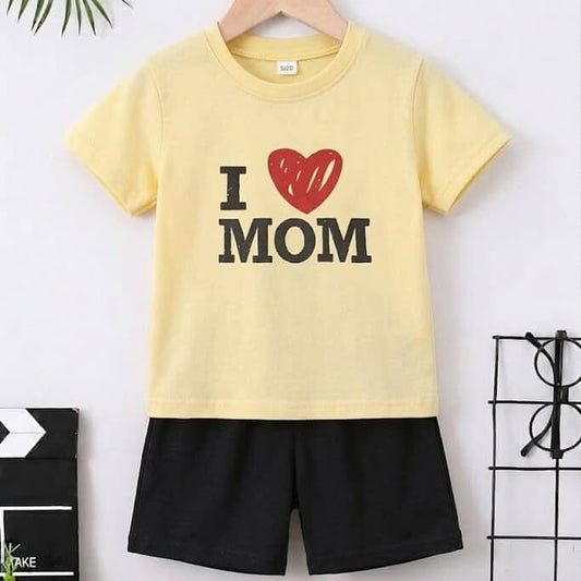 Boy Yellow I Love Mom T Shirt and Black Shorts Outfit Set