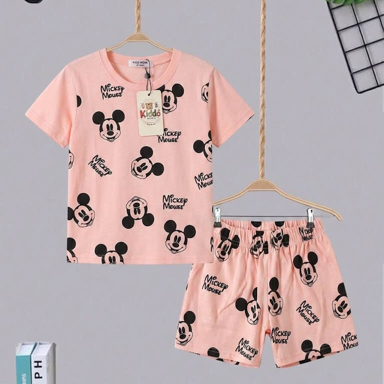 Girl Pink Mickey Mouse Print T Shirt and Shorts Outfit Set