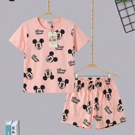 Girl Pink Mickey Mouse Print T Shirt and Shorts Outfit Set
