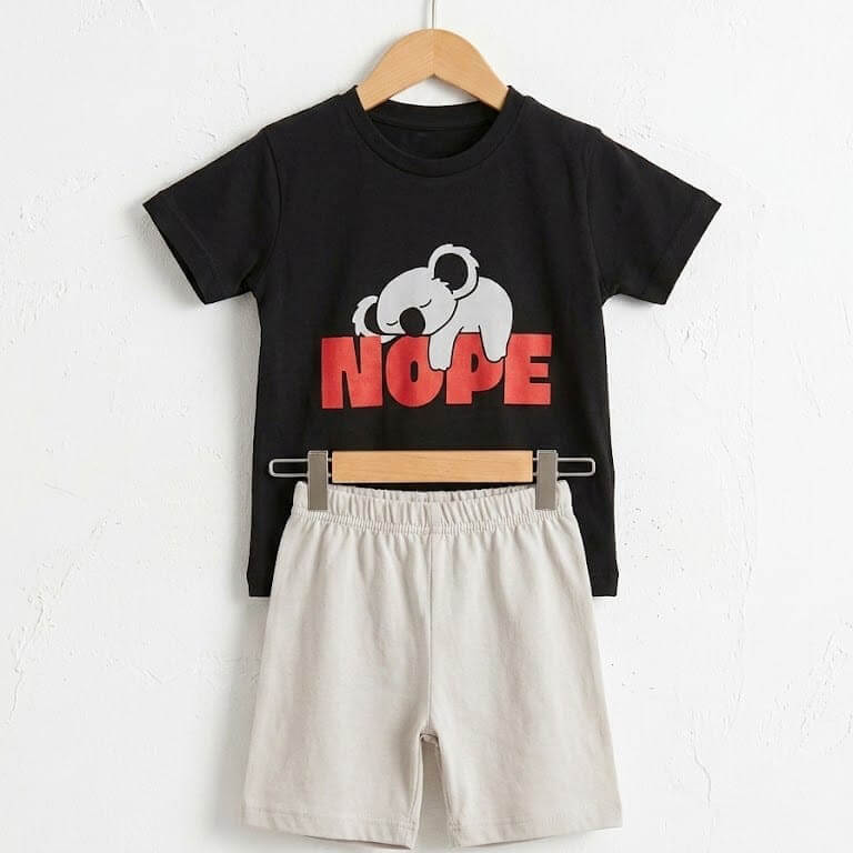 Boy Nope Koala Print T Shirt and Cream Shorts Outfit Set